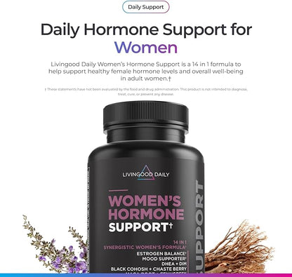 Livingood Daily Women’s Hormone Support Supplement, Estrogen Balance with Fenugreek, Black Cohosh, Chasteberry, DIM, Natural PMS & Menopause Support, Non GMO, Gluten Free, Vegetarian Capsules, 120 Ct