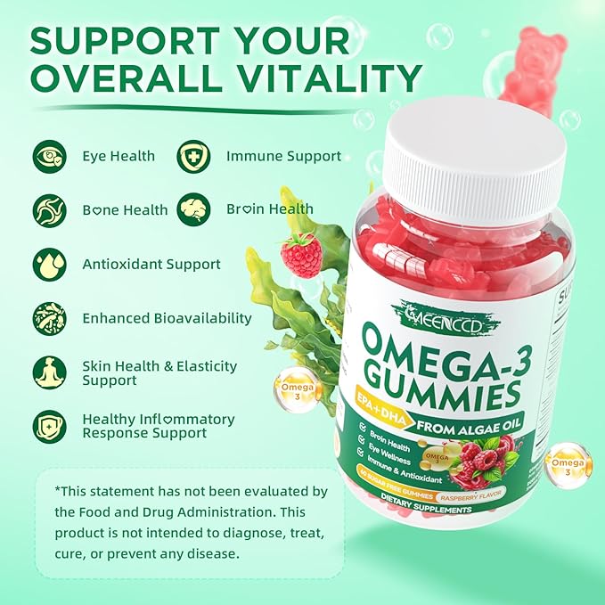 Vegan Omega-3 Gummies 1000mg, Omega 3 Fish Oil Alternative for Adults, Algae-Based DHA 600mg & EPA 300mg + Vitamins A, C, E, Zinc, Supports Overall Wellness, No Fish Taste, 60 Count