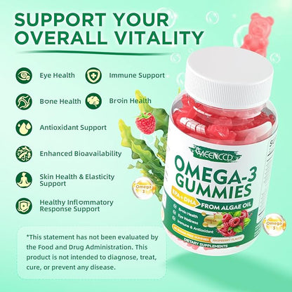 2 Pack Omega-3 Gummies 1000mg, Omega 3 Fish Oil Alternative for Adults, Algae-Based DHA 600mg & EPA 300mg + Vitamins A, C, E, Zinc, Supports Overall Wellness, Raspberry Flavor, 120 Count