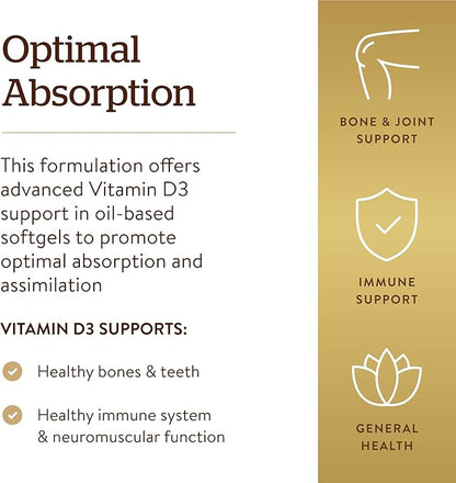 Solgar Vitamin D3 Cholecalciferol 250 MCG 10000 IU Softgels Helps Maintain Healthy Bones Teeth Immune System Support Non-GMO Gluten, Dairy Free Servings, 180 Count