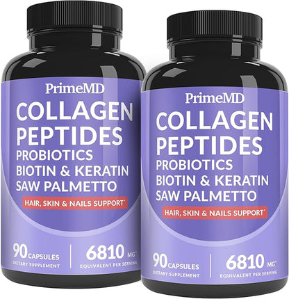 27-in-1 Hair Skin and Nails Vitamins (6810mg) with Biotin 10000mcg - Collagen Supplements for Men and Women - Keratin Supplements with Probiotics and Saw Palmetto, 90ct (2-Pack)
