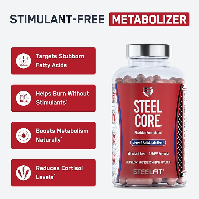 SteelFit Steel Core, Stimulant-Free Fat Burner & Weight Loss Pills Supplement - Cortisol, Belly Fat, Metabolism Booster for Men & Women - L-Carnitine, Morosil, Ashwagandha, Alpha Lipoic Acid - 90ct