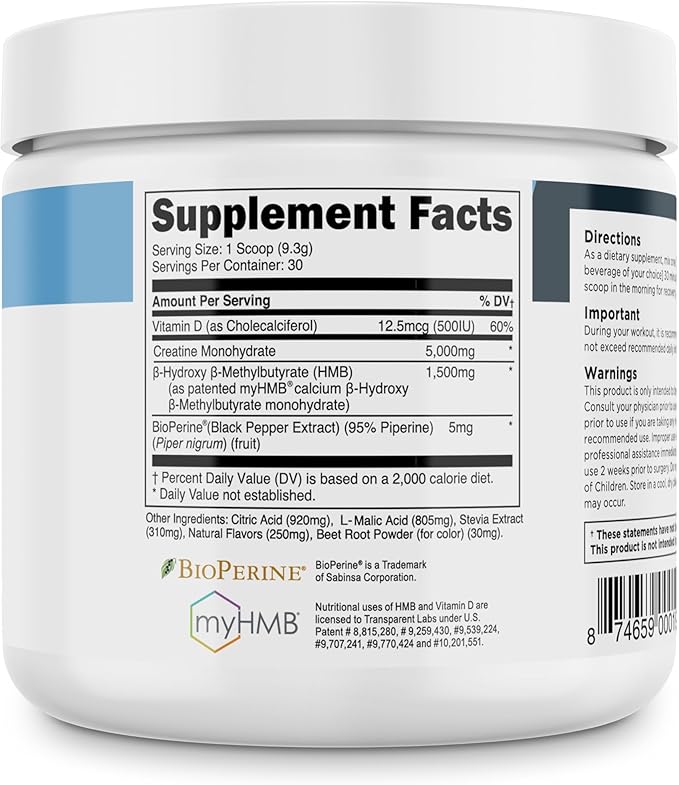Transparent Labs Creatine HMB - Creatine Monohydrate Powder with HMB for Muscle Growth, Increased Strength, Enhanced Energy Output, and Improved Athletic Performance - 30 Servings, Watermelon