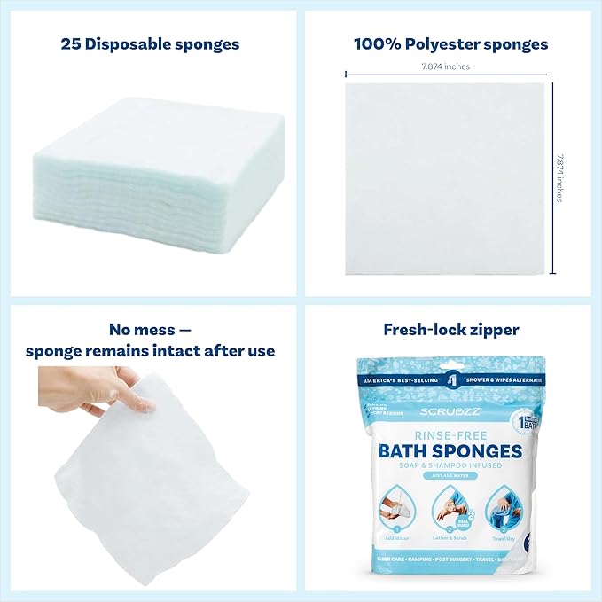 Scrubzz Disposable No Rinse Bathing Wipes - All-in-1 Single Use Shower Wipes, Simply Dampen, Lather, and Dry Without Shampoo or Rinsing (Lavender, 4-Pack)