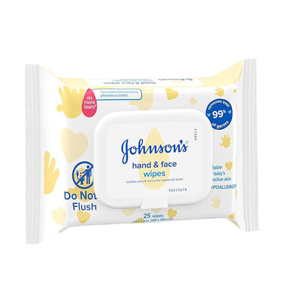 Johnson's Baby Disposable Hand & Face Cleansing Wipes, Pre-Moistened Wipes Gently Remove 99% of Germs & Dirt from Delicate Skin, Paraben-, Phthalate- & Alcohol-Free, Hypoallergenic, 25 Count