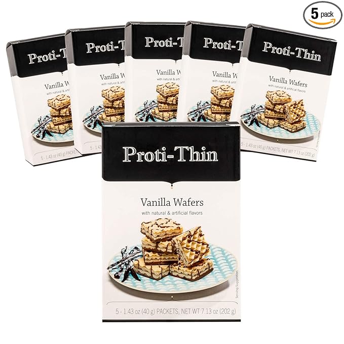 Proti-Thin High Protein Vanilla Wafer Squares, 15g Protein, Low Calorie, Low Sugar, Aspartame Free, Diet Wafer Bars, Healthy Snack, 2 Wafers per Serving, 5 Count Box (6 Boxes - Save 10%)