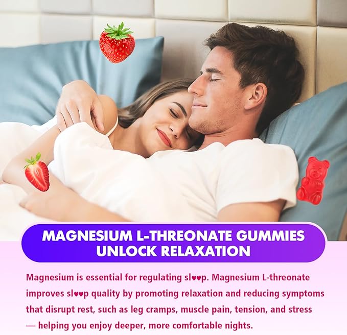 1000mg Magnesium L-Threonate Gummies for Kids & Adults - Muscle & Nervous System Support, Vegan, Sugar-Free Strawberry Flavor, 60 Gummies