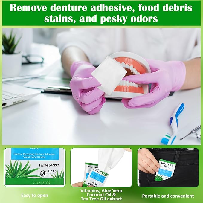 Timgle 100 Pcs Denture Cleaning Wipes Refreshes Mouth Deep Cleaning Wipes for Remove Denture Adhesive, Food Debris, Stains and Odor (Classic)