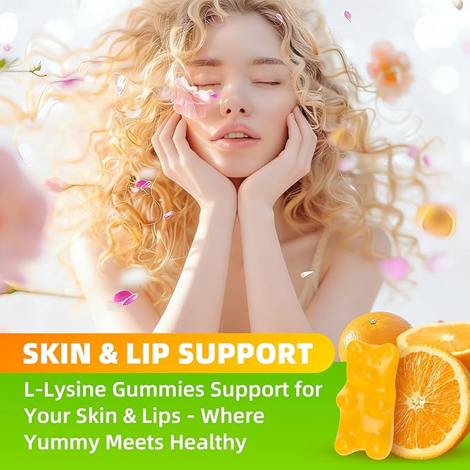 L-Lysine Gummies 500mg, Lysine Gummies Supplement for Immune Support & Skin Health, Collagen Formation Support, Vegan, Gluten Free Chewable Supplement for Adults & Kids, Orange Flavor, 120 Count