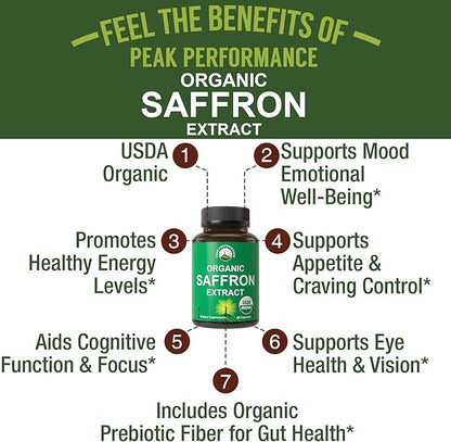 Saffron Supplements - USDA Organic Saffron Extract Capsules for Women, Men, and Kids. with Organic Prebiotic Fiber Instead of Filler. Pure and Natural for Mood, Brain, Focus, Cravings, PMS