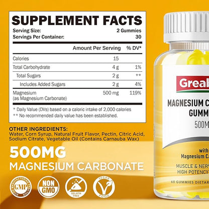 Magnesium Carbonate 500mg Gummies, Magnesium Supplement for Muscle & Digestive Support, High Absorption Formula, Vegan, Pineapple Flavor, 60 Chewables