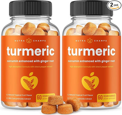 Turmeric Gummies for Adults & Kids with Ginger & Black Pepper Extract | 95% Curcuminoids | Vegan Natural Curcumin Joint Support | 120 Tumeric Gummy Supplements (2-Pack)