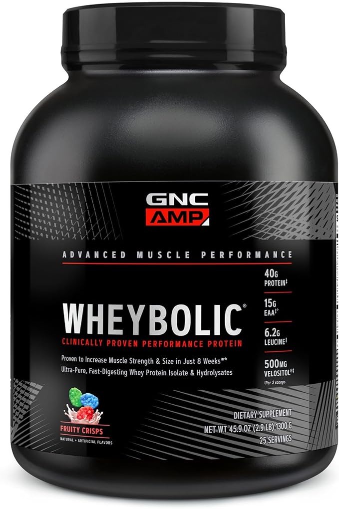 GNC AMP Wheybolic Clinically Proven Protein Powder, 40g Whey Protein, BCAA, Leucine, Increases Muscle Strength, Muscle Building, 3rd Party Tested, Gluten Free, Fruity Crisps, 25 Servings