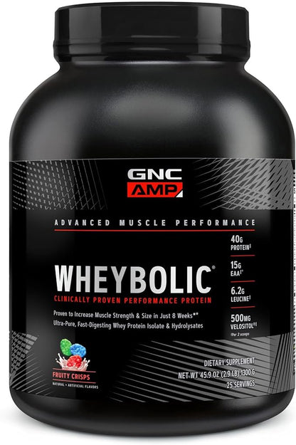 GNC AMP Wheybolic Clinically Proven Protein Powder, 40g Whey Protein, BCAA, Leucine, Increases Muscle Strength, Muscle Building, 3rd Party Tested, Gluten Free, Fruity Crisps, 25 Servings