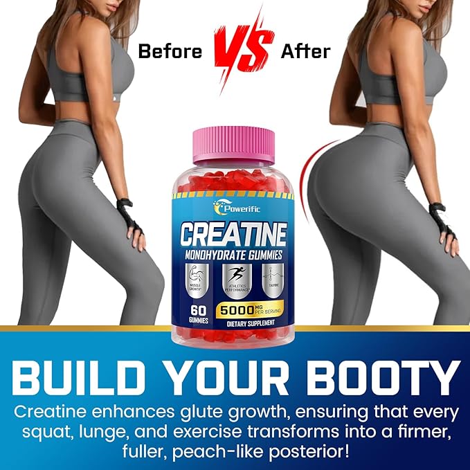 Creatine Monohydrate Gummies, Creatine for Women & Men, Pre Workout Creatine Monohydrate Gummies with Taurine, Vitamin B6 & B12 for Muscle, Strength, Energy, Endurance, Vegan, Organic, 60 Count
