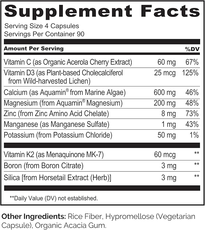NATURELO Calcium Supplement - with Vitamin C, Vitamin D3, K2, and Calcium Magnesium Zinc for Bone Strength with Calcium 600mg - Plant-Based, 360 Vegetarian Capsules, Non-GMO, Soy & Gluten-Free
