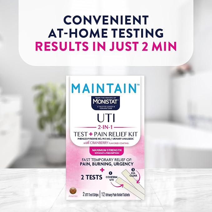 Monistat Maintain UTI 2-in-1 Test & Pain Relief Kit, 2 Test Strips & 12 Urinary Pain Relief Tablets, 2 Minute Results and Maximum Strength Pain, Burning and Urgency Relief