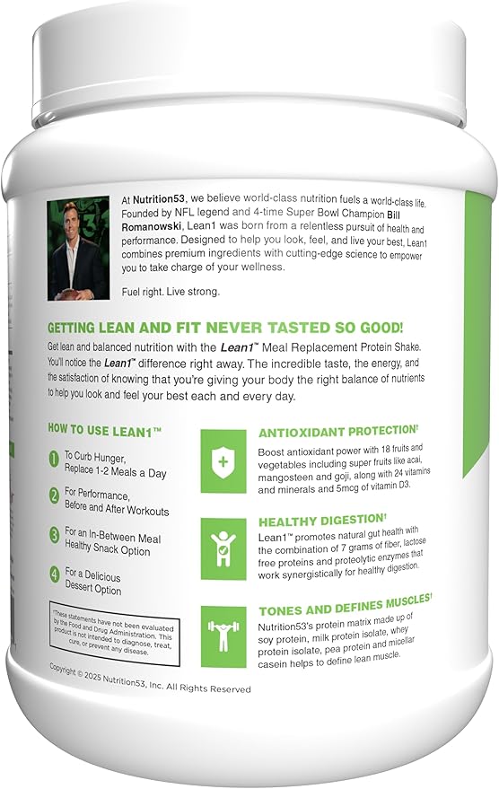 Lean1 Meal Replacement Protein Shake, Strawberry Flavor, 15 Serving Tub