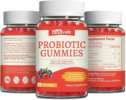 Probiotic Gummies 10 Billion CFU, Bacillus Coagulans for Digestive & Immune Support, Vegan, Non-GMO, Strawberry & Mixed Berry Flavor, 60 Count(Pack of 2)