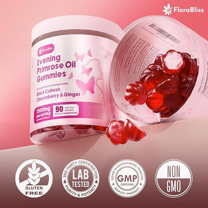 FloraBliss 90 Evening Primrose Oil Gummies | 1500mg | with Black Cohosh, Chasteberry, Ginger Extract for Daily Women's Wellness Support | Vegan, Non-GMO, Sugar-Free