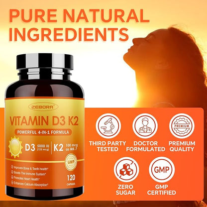 ZEBORA Vitamin D3+K2-5000 IU Vitamin D3 + 100 mcg K2 MK-7 - Maximum Absorption for Bone, Teeth, Heart & Immune Support - Easy to Swallow, Gluten-Free, 120 Capsules