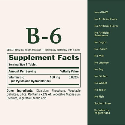 Nature's Bounty Vitamin B6 100mg Tablets - Supports Energy Metabolism & Nervous System Health, 100 Count (Pack of 3)