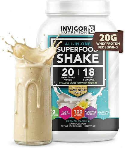 INVIGOR8 Superfood Grass Fed Whey Protein Isolate Shake French Vanilla Gluten-Free and Non GMO Meal Replacement with Probiotics and Omega 3 (483g)