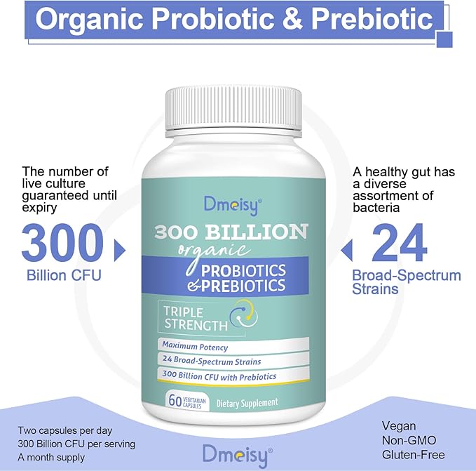 Probiotics for Women and Men, 300 Billion CFU 24 Strains Probiotics + 15 Organic Herbs Prebiotics Blend, Shelf Stable Gut Health Supplement for Digestive Immune & Whole-Body Health, 2 Month Supply