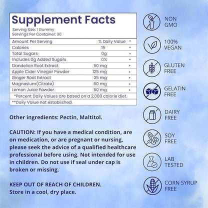 riev Debloat & Detox Gummies – Apple Cider Honey Flavor – Sugar-Free – Daily Gut Support with Ginger, Dandelion, and Magnesium – Gentle Digestion – Vegan, Non-GMO – 30 Count