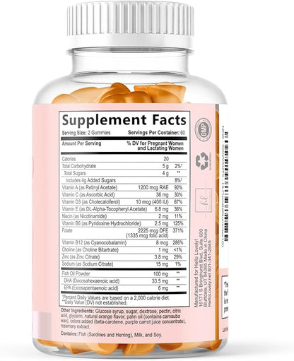Prenatal Vitamins for Women – Complete Pregnancy Multivitamin - Folic Acid, Omega 3 DHA, Choline, Vitamin D – Essential Support for Mom's & Baby Brain Development - Tasty Orange Flavor - 120 Gummies
