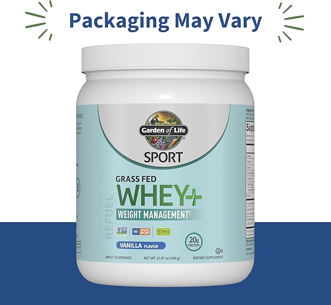 Garden of Life SPORT Whey Plus Weight Management with Amino Energy - 20g of Grass Fed Protein Isolate for Women and Men - Vanilla Powder - With Capsimax, 2 Billion CFU Probiotics, About 15 Servings