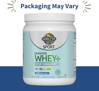 Garden of Life SPORT Whey Plus Weight Management with Amino Energy - 20g of Grass Fed Protein Isolate for Women and Men - Vanilla Powder - With Capsimax, 2 Billion CFU Probiotics, About 15 Servings