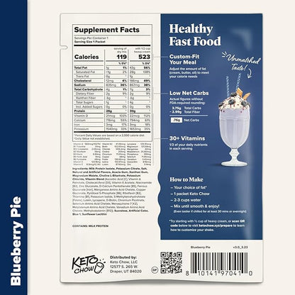 Keto Chow Blueberry Pie - Keto Meal Replacement Shake Powder - Nutritionally Complete - Low Carb - Delicious Easy Meal Substitute - Protein Rich & Dairy Free - Single Meal Serving