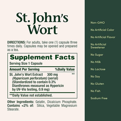 Nature's Bounty St. John’s Wort 300mg Capsules, Herbal Health Supplement, Promotes a Positive Mood, 100 Capsules