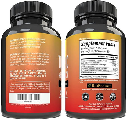Envy Nutrition Turmeric & Ginger Supplement Capsules with Apple Cider Vinegar - Enhanced Immunity & Metabolism Support - 95% Curcuminoids, Bioperine (Black Pepper) for Superior Absorption - 60 Caps