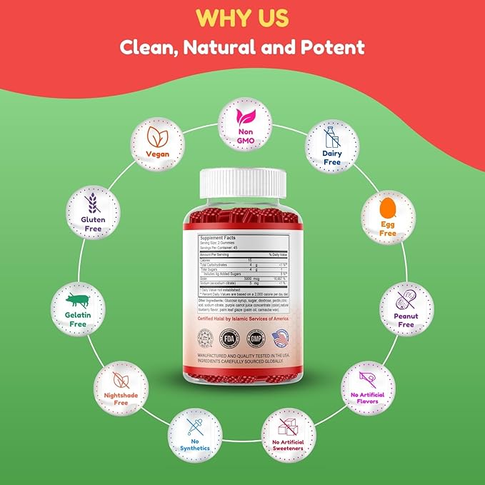 SHIFAA NUTRITION Vegan Biotin Gummies for Adult & Kids | 90 Gummies | 5000 mcg 45 Servings | Non-GMO | Gluten, Gelatin, Peanuts, Egg & Dairy Free | Biotin Gummy Vitamins for Hair, Skin & Nails Halal