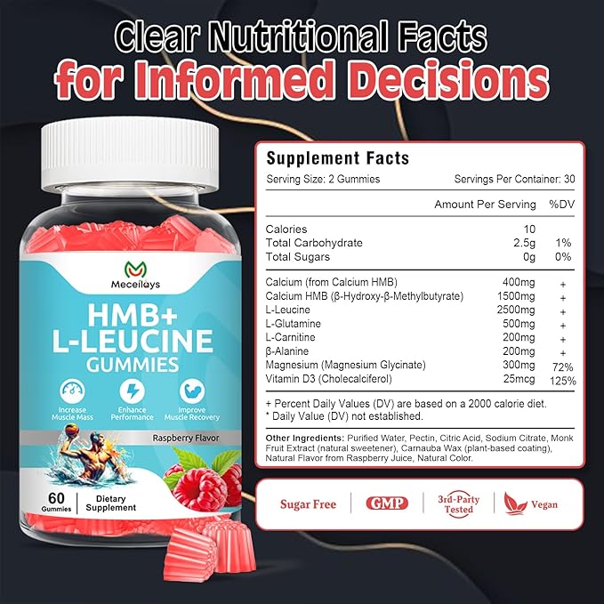 Hmb and Leucine Gummies Supplements for Men Women, 4000mg HMB & L-Leucine Amino Acid for Muscle Growth & Fast Work0ut Recovery, Non-GMO, Gluten-Free, Raspberry Flavor, 60 Count