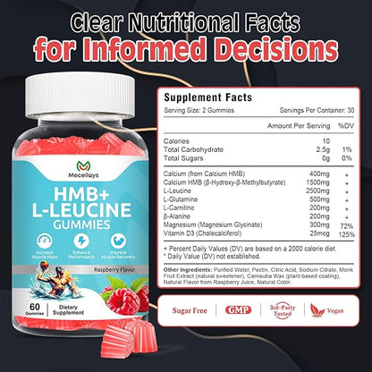 2 Pack Hmb and Leucine Gummies Supplements for Men Women, 4000mg HMB & L-Leucine Amino Acid for Muscle Growth & Fast Work0ut Recovery, Non-GMO, Gluten-Free, Raspberry Flavor,120 Count
