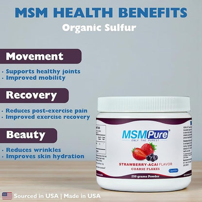 KALA HEALTH MSMPure Strawberry Acai Flavored Coarse MSM Powder Flakes – US-Made MSM for Joint Health, Skin Appearance, and Hair & Nail Support – 8.8 oz, Organic Sulfur