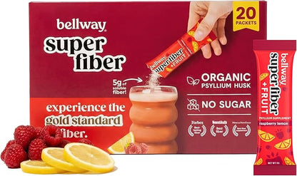Bellway Super Fiber Packets + Fruit, Sugar Free Organic Psyllium Husk Powder Fiber Supplement to Go for Regularity, Bloating Relief & Digestive Health, Plant-Based, Raspberry Lemon (20 Packets)