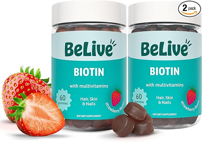 BeLive Biotin Gummies with MultiVitamins, Folate, Inositol – Supports Hair Growth, Healthy Skin & Nails – Vegan, Pectin Based – Strawberry Flavor (2)