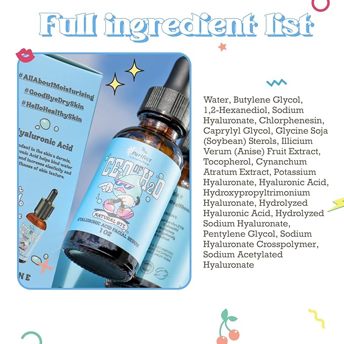Purifect CEO of H20 Hyaluronic Acid Facial Serum - Ultra Hydrating & Moisturizing Serum for Face, Balances Skin Texture, Vitamin E for Antioxidant Support, Vegan Skincare, Cruelty Free - 1 fl oz