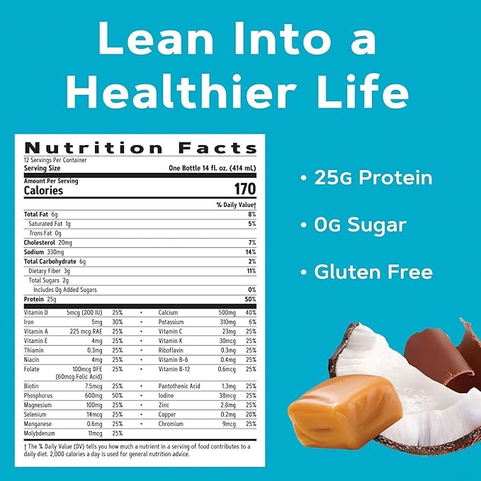 GNC Lean Shake 25 Protein Shake, Clinically Proven Weight Management, Meal Replacement, 25g Protein with Zero Added Sugar, Ready To Drink, Coconut Caramel, Pack of 12