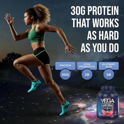 Vega Sport Vegan Protein Powder + Recovery - 30g Plant Based Protein per Serving, Berry, 45 Servings, 5g BCAAs, Probiotics, NSF Certified, for Shakes & Smoothies, 4.2lbs (Packaging May Vary)
