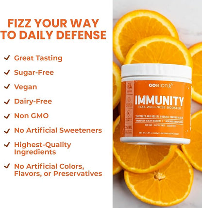 GOBIOTIX Vitamin C - Immune Defense Support Supplement - Immunity Powder Wellness Booster - Vegan Superfood - Elderberry, Turmeric, B12 Vitamin Supplement, Non-GMO and Sugar Free (Orange)