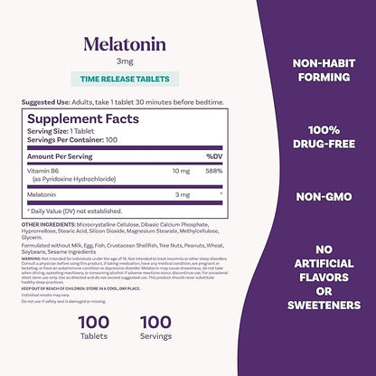 Natrol Melatonin 3 mg Time Release, Dietary Supplement to Minimize Wake Ups, Nighttime Sleep Aid, 100 Tablets, Up to a 100 Day Supply
