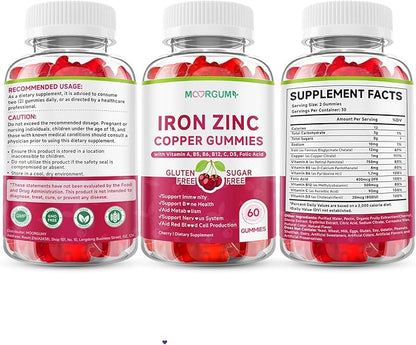 Iron, Zinc, Copper Supplements for Women & Men, Mineral Gummies with Vitamin A, B5, B6, C, D3, B12 for Adults & Kids, Promote Energy, Support Immunity, Bone Health, Sugar Free, Cherry Flavor, 60 Count