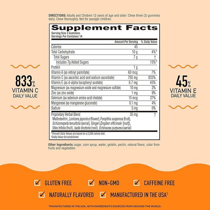 Airborne 750mg Vitamin C Immune Support Supplement Gummies for Adults, Zesty Orange Flavor, Gluten Free Crafted Blend with Powerful Antioxidants Vitamins C & E, 42 Gummies (3 Pack)