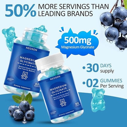 Magnesium Glycinate Gummies 500mg, Sugar-Free for Adults & Kids, Magnesium Gummies for Sleep, Stress & Muscle Relief, Supports Bone & Nerve Health, Vegan, 60 Count, Blueberry Flavor