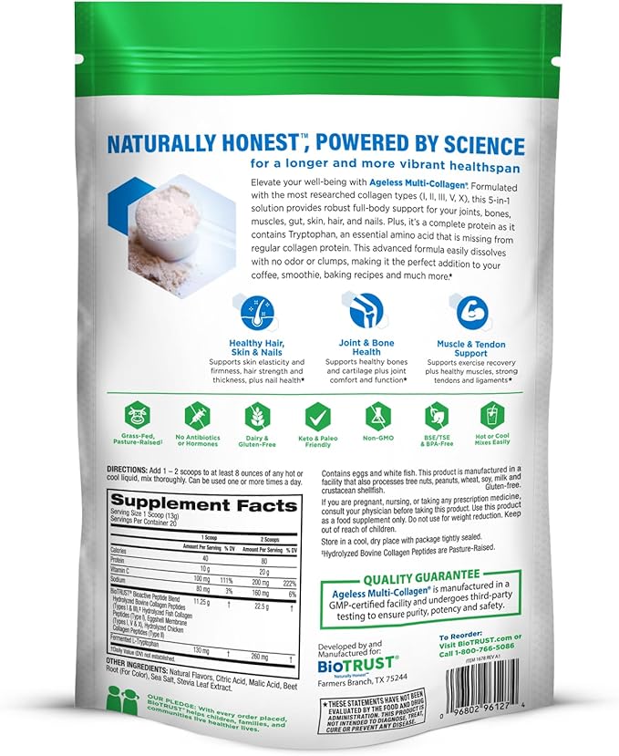 BioTrust Ageless Multi Collagen Peptides Powder – 5 Types (I, II, III, V, X) – Fruit Punch Collagen Powder for Women & Men – Hydrolyzed Protein – Grass Fed Beef, Fish, Chicken, Eggshell Membrane